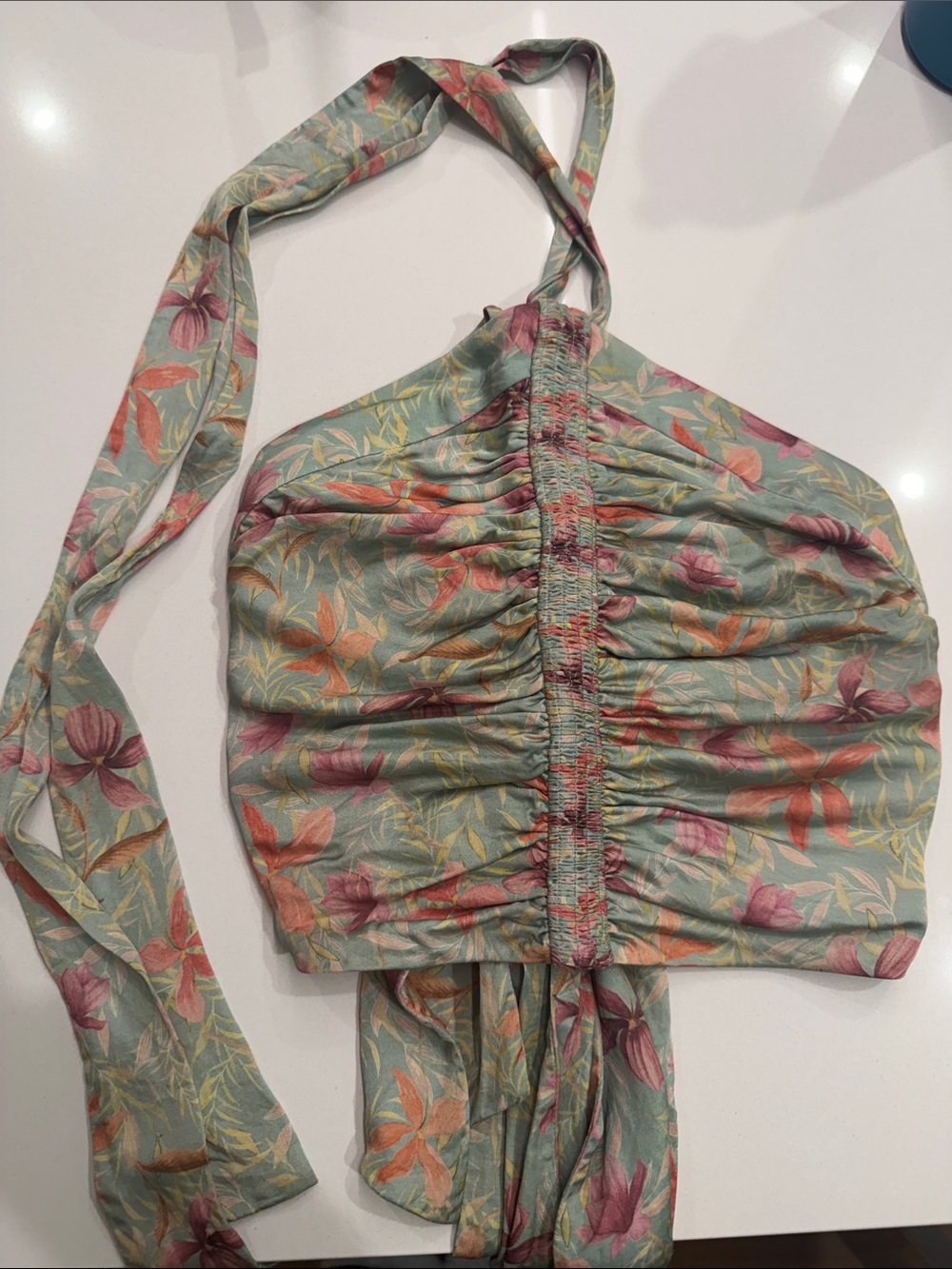 Alexis Sage Green Floral Ruched Halter Wrap Crop Top Size XS